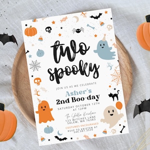 Two Spooky Halloween Ghost 2nd Birthday Party Invitation Editable Cute Boy Ghost 2nd Birthday Spooktacular Birthday Instant Download 503A