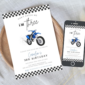 Editable Can&#39;t Catch Me I&#39;m Three Dirt Bike Birthday Party Invitation Boy Racing Dirt Biking 3rd Birthday Invitation Instant Download 754C