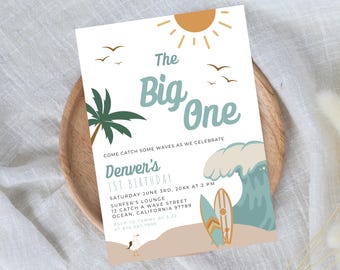 Surf Boy Birthday Invite, KOA The Big One Birthday Invitation, Boy 1st Birthday, Wave Birthday, Ocean Birthday, Editable Template, 098C