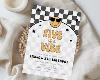 Five is a Vibe, 5th Birthday Invitation Boy, Smiley Face Birthday, Happy Face Invites, Checkered, Digital Boy 5th Birthday Download 726JN