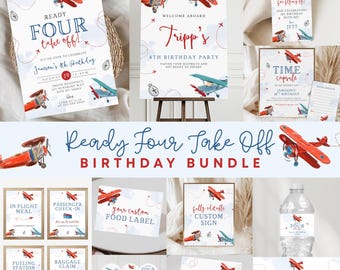 May include: A collection of birthday party decorations with a vintage airplane theme. The set includes invitations, signs, food labels, and water bottle labels. The color scheme features red, blue, and white, with the text "Ready Four Take Off!"