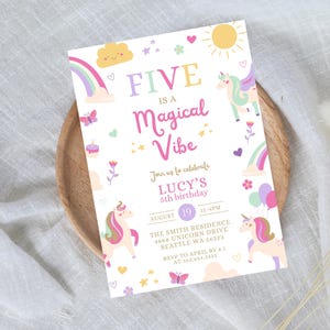 Five is a Magical Vibe Unicorn Birthday Invitation, Girl 5th Birthday Pastel Rainbow Unicorn Party, Girl Birthday Editable Template 522C