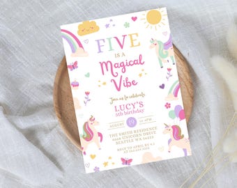 Five is a Magical Vibe Unicorn Birthday Invitation, Girl 5th Birthday Pastel Rainbow Unicorn Party, Girl Birthday Editable Template 522C