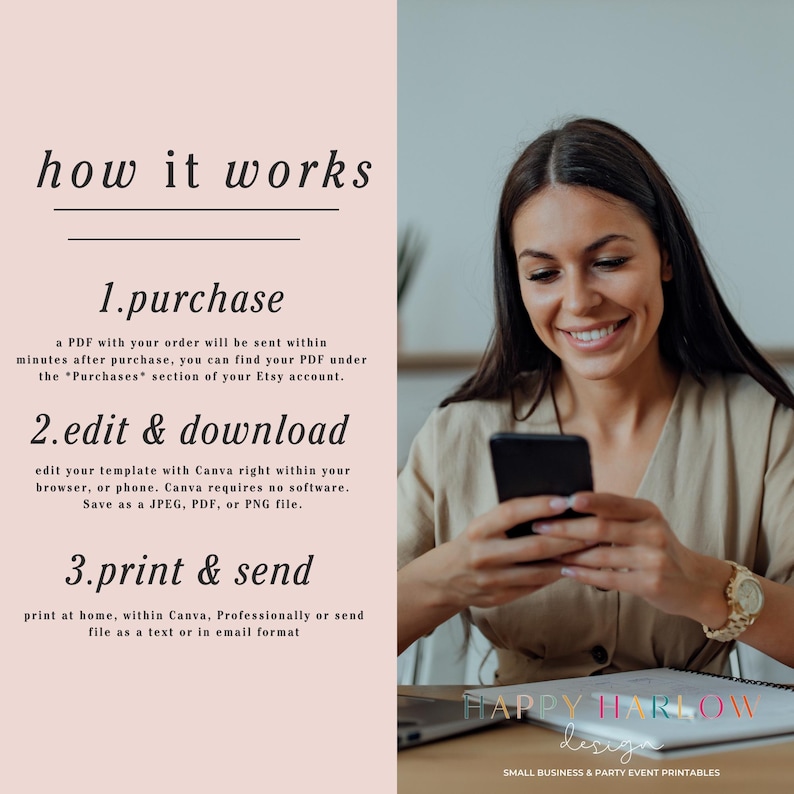 May include: A graphic with instructions on how to purchase, edit, and print a template. The text reads "how it works" and includes steps for purchase, edit & download, and print & send. A woman is smiling while holding a phone.