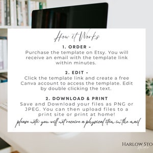 May include: A white card detailing the process of ordering, editing, and downloading a template from Etsy, with the heading "How it Works". The card states that no physical item will be sent. A computer and a plant pot are visible in the background.