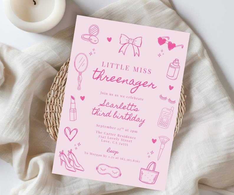 May include: A light pink rectangular birthday invitation card featuring dark pink line art illustrations of a bow, heart-shaped sunglasses, lipstick, a hand mirror, a makeup brush, high heels, and a phone with the text Little Miss Threenager.