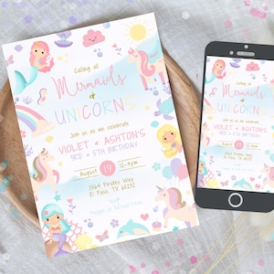 Editable Mermaid And Unicorn Birthday Party Invitation Cute Girly Magical Mermaid And Unicorn Sibling Birthday Party Instant Download 523A