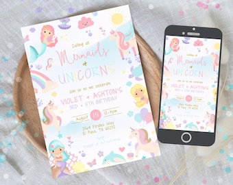 Bewerkbare uitnodiging voor verjaardagsfeestje zeemeermin en eenhoorn schattige girly magische zeemeermin en eenhoorn verjaardagsfeestje Instant Download 523A