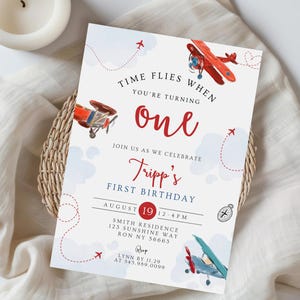 Time flies when you’re turning ONE birthday party Invitation, Airplane birthday party Invite, Retro Airplane birthday party invite 859A
