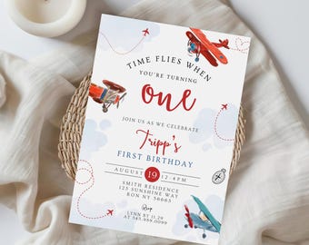 Time flies when you’re turning ONE birthday party Invitation, Airplane birthday party Invite, Retro Airplane birthday party invite 859A