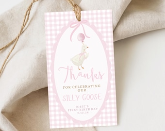 One Silly Goose Birthday Thank You Tags, Editable Girl 1st Birthday Pink Printable Favor Tags, Goose First Birthday Gift Tags 808FT