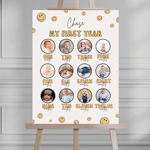 Tablero editable de primer año de un tipo feliz, póster mensual con foto de primer cumpleaños con cara sonriente, cumpleaños con cara sonriente, descarga instantánea 726YP