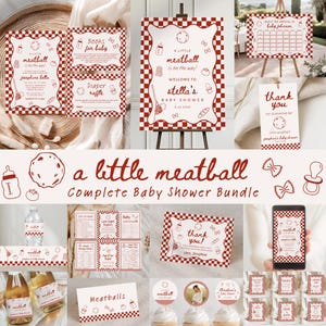 May include: A complete baby shower bundle with a red and white checkered theme. The set includes invitations, signs, thank you cards, and cupcake toppers. The text includes "A Little Meatball is on the Way!" and "Stella's Baby Shower".