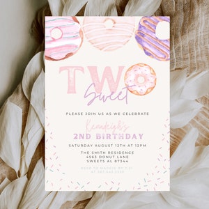 Donut 2nd Birthday Invitation Girl, Editable Donut Birthday Invite, Two Sweet Donut Birthday Party Invitation, Donut Sweet Celebration 716A