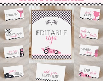 Racecar Food Tent Labels, Editable Template, Pink Racecar Birthday, Fast One, Food Labels, Editable Sign, Cards & Gifts Sign, 744TC