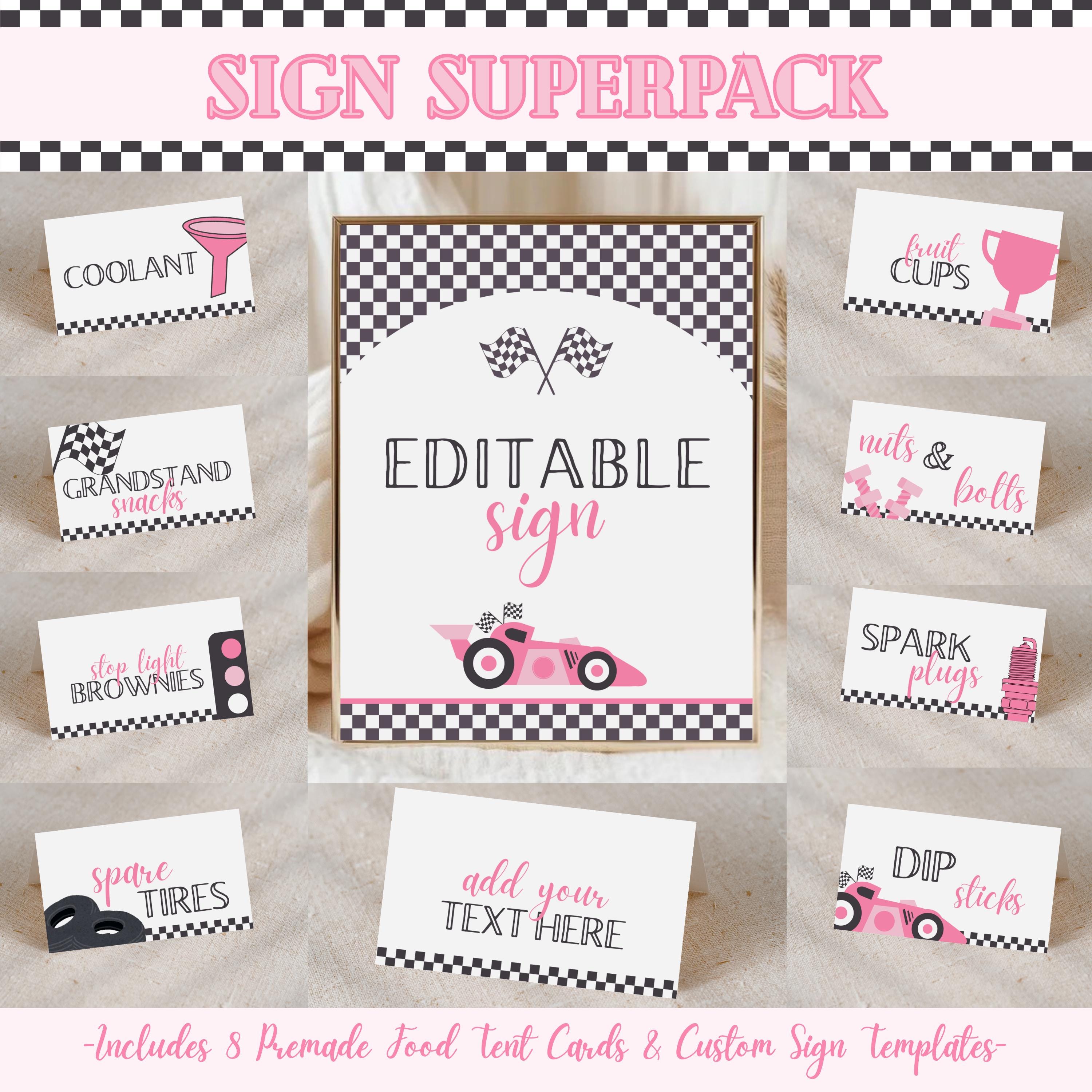Racecar Food Tent Labels, Editable Template, Pink Racecar Birthday, Fast One, Food Labels, Editable Sign, Cards & Gifts Sign, 744TC