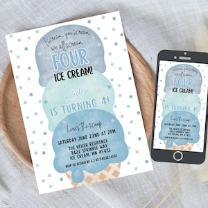 Editable Ice Cream Truck Birthday Invitation I scream You Scream We All Scream Four Ice Cream 4th Birthday Party Invite Instant Download548A