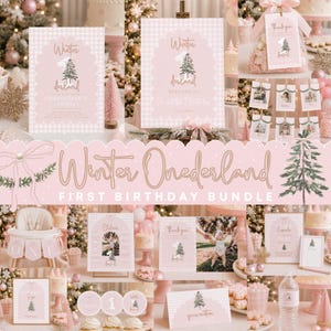 May include: A Winter Onederland first birthday party bundle featuring pink and white gingham patterns, scalloped edges, and illustrations of pine trees. The set includes invitations, thank you tags, photo banners, and signage with gold text.