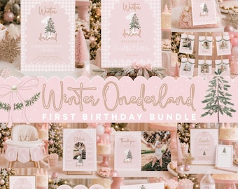 Op de afbeelding: Een Winter Onederland eerste verjaardagspakket met roze en witte ruitpatronen, geschulpte randen en illustraties van dennenbomen. De set bevat uitnodigingen, bedankkaartjes, fotobanners en borden met gouden tekst.
