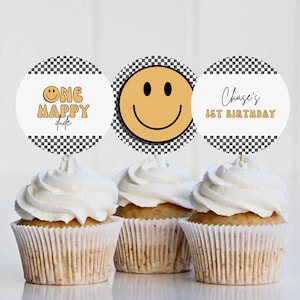 One Happy Dude Birthday, Smiley Face Cupcake Toppers Template | Editable One Happy Dude Printable Birthday Cupcake Decor 726CT