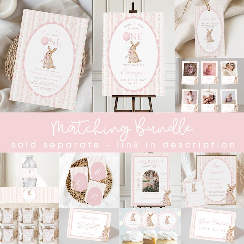 Coquette Vintage Pink Bow Bunny Birthday invitation, Some bunny is turning one Invite, First Birthday, Boho, Floral, Bunny 1st Birthday 701 image 2
