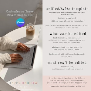 May include: A laptop with a white keyboard is on a white table, with a glass of iced coffee and a straw. Text on the image says "Customize on Canva, Free & Easy to Use!" and "self editable template". The image promotes digital templates.