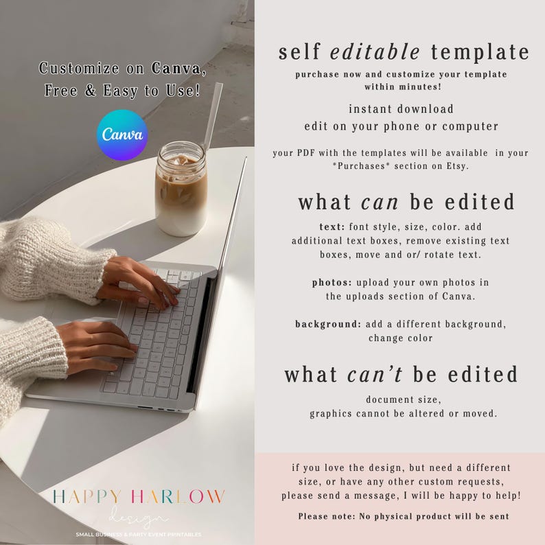 May include: A laptop with a white keyboard is on a white table, with a glass of iced coffee and a straw. Text on the image says "Customize on Canva, Free & Easy to Use!" and "self editable template". The image promotes digital templates.