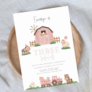 Three-I-E-I-O Birthday Invitation, 3rd Birthday Party Tractor and Farm Animal Theme, Editable Canva Template Digital Download 013H