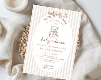 We Can Bearly Wait Baby Shower, Hand Drawn Coquette Bows Teddy Bear Invitation, Gender Neutral Baby Shower, Canva  Digital Download 595A