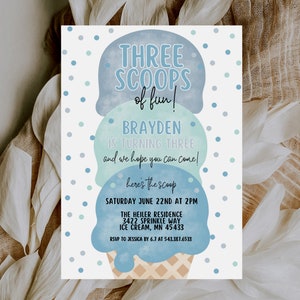 Editable Ice Cream Truck Three Scoops Of Fun 3rd Birthday Party Invitation Ice Cream 3rd Birthday Three Scoops Of Fun Instant Download 548B