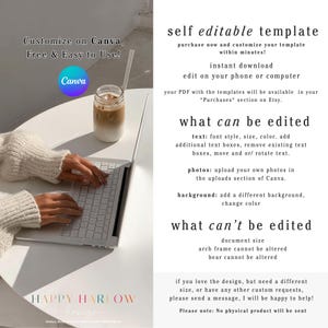 Puede incluir: Una persona usa una computadora port&aacute;til en una mesa blanca, con un vaso de caf&eacute; helado. El texto de la izquierda dice "Customize on Canva, Free & Easy to Use!" y "HAPPY HARLOW design". El lado derecho tiene texto sobre plantillas autoeditables.