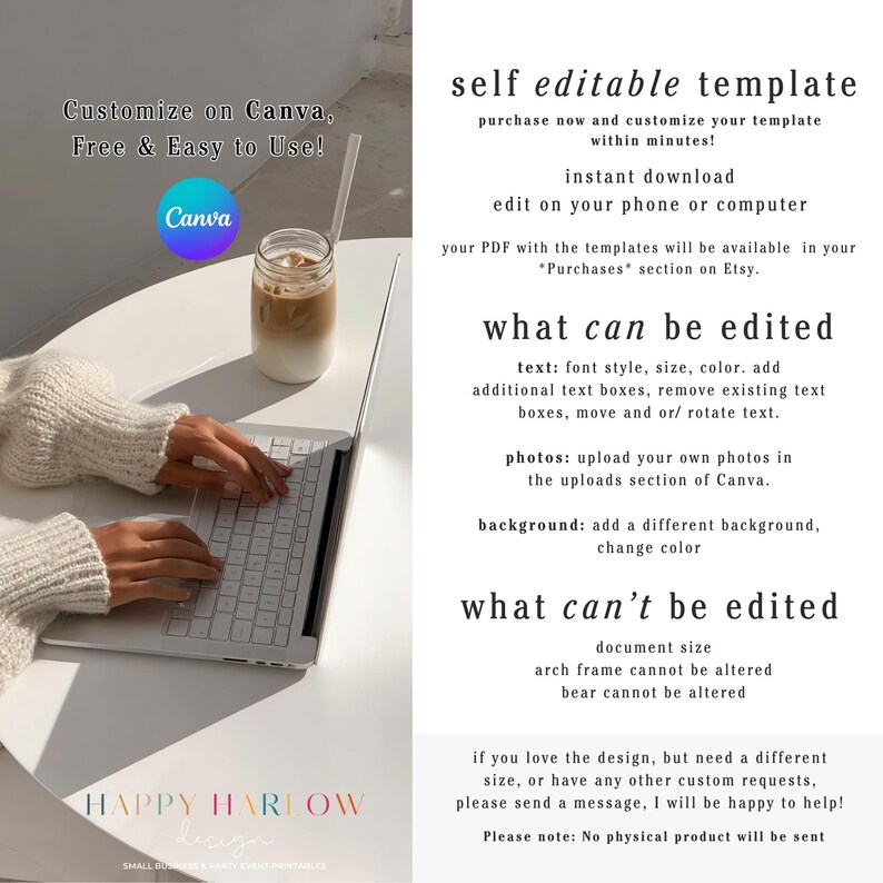 Puede incluir: Una persona usa una computadora port&aacute;til en una mesa blanca, con un vaso de caf&eacute; helado. El texto de la izquierda dice "Customize on Canva, Free & Easy to Use!" y "HAPPY HARLOW design". El lado derecho tiene texto sobre plantillas autoeditables.