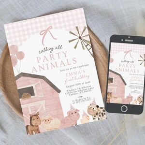 May include: A pink and white invitation with the text "calling all PARTY ANIMALS" and a watercolor illustration of a barn and farm animals. A smartphone displays the same design. The invitation is for Emma's first birthday.