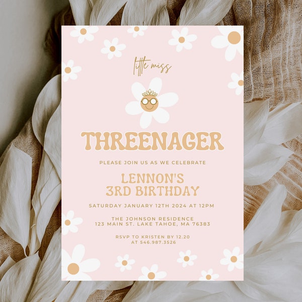 3rd Birthday Invitation Girl, Little Miss Threenager, Smile Face Bday Party Invites, Editable Template, Digital Download, Three, Vibes, 100F