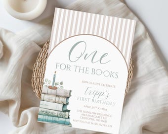 Eine für die Bücher, Jungenbuch erste Geburtstagseinladung, Geburtstagsparty mit Buchmotiv, Bibliotheks-Themaparty einladen, bearbeitbarer Instant 572B
