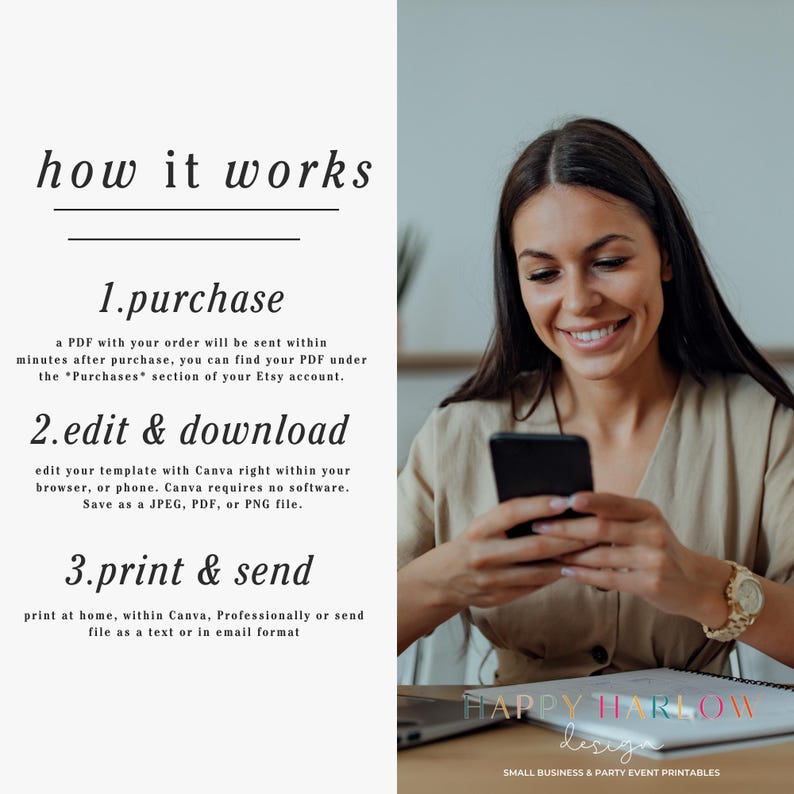 Puede incluir: Una mujer sonr&iacute;e mientras usa un tel&eacute;fono inteligente. La imagen incluye texto que explica c&oacute;mo comprar, editar e imprimir una plantilla PDF. El texto est&aacute; a la izquierda y el logotipo de Happy Harlow Design es visible en la parte inferior derecha.