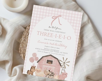 Three-I-E-I-O Birthday Invitation, 3rd Birthday Party Tractor and Farm Animal Theme, Editable Canva Template Digital Download 027C