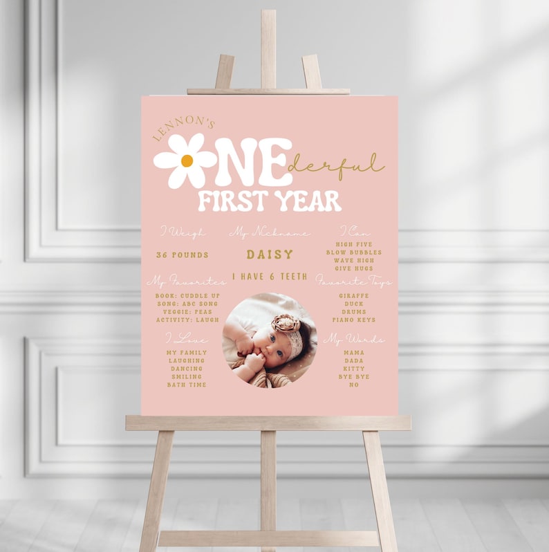 Op de afbeelding: Een roze en witte eerste verjaardagposter met een madeliefjesontwerp. De poster bevat de naam van het kind, Lennon, en de leeftijd, &eacute;&eacute;n jaar. Het bevat ook het gewicht van het kind, 36 pond, en de bijnaam van het kind, Daisy. De poster bevat ook een foto van het kind en een lijst met de favoriete dingen van het kind.