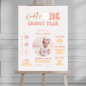 Affiche d'un anniversaire groovy, affiche d'étape rétro, signe de la paix hippie des années 70, modèle modifiable instantanément pour le 1er anniversaire, 734 MP