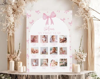 Editable Girls Just Wanna Be One, My First Year Photo Board Monthly Pink Bow 1st Birthday First Preppy Coquette Bow Digital Download 526YP