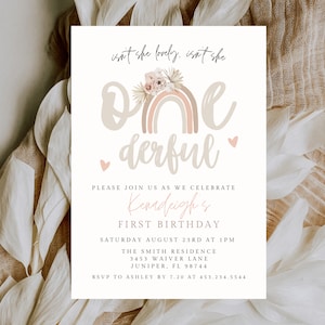 Editable ONEderful Invite, Modern Rainbow First Birthday Invitation, Printable Rainbow Birthday, Girls Birthday Invitation Template 702H