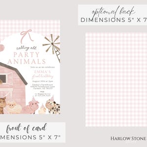 May include: A pink and white invitation card with the text "calling all PARTY ANIMALS" and "EMMA'S first birthday". The card features a barn illustration and farm animals. Dimensions are 5" x 7".