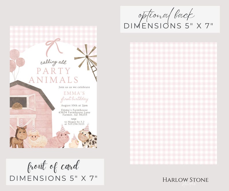 May include: A pink and white invitation card with the text "calling all PARTY ANIMALS" and "EMMA'S first birthday". The card features a barn illustration and farm animals. Dimensions are 5" x 7".