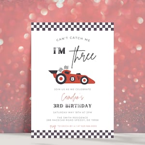 Invitation d&#39;anniversaire, modèle modifiable, fête de voiture de course vintage, voitures de course, anniversaire de voiture de course, 3 ans, 708 C