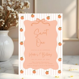 Invitación de cumpleaños con melocotón dibujado a mano, Dulce como un melocotón, Plantilla de invitación, Es una dulzura, Primer cumpleaños de melocotón, Verano caprichoso 704A imagen 3