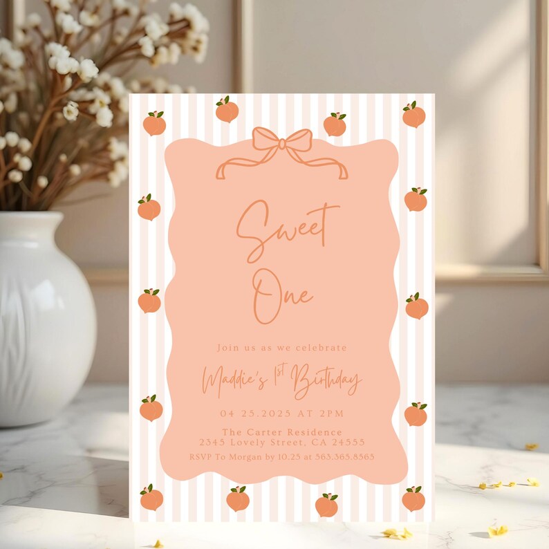 Invitación de cumpleaños con melocotón dibujado a mano, Dulce como un melocotón, Plantilla de invitación, Es una dulzura, Primer cumpleaños de melocotón, Verano caprichoso 704A imagen 3