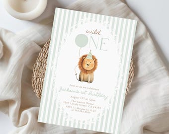 Wild One Birthday Invitation, Wild One Invitation, Vintage Coquette, Lion 1st Birthday Invite, 1st Birthday Boy, Sage Green Lion 556B