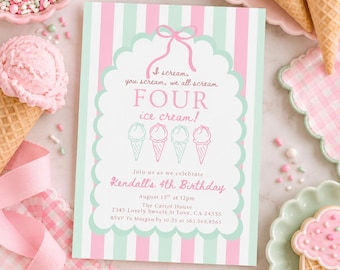 May include: A rectangular birthday invitation card featuring a pink and mint green vertical striped background. The center has a white scalloped frame with a pink bow, text reading I scream, you scream, we all scream FOUR ice cream!, and four ice cream cone illustrations. Below, the text reads Kendall's 4th Birthday, August 15th at 12pm, The Carter House, 2345 Lovely Sweets St Love, CA 24555, and RSVP To Morgan by 10.25 at 563.565.8565.