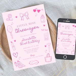 Little Miss Threenager, Threenager Fashion & Makeup, Girl 3rd Birthday Invitation, Coquette Hand Drawn Bow,  588B
