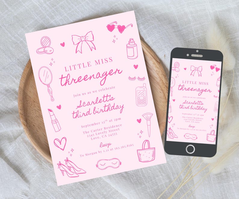 May include: A light pink birthday invitation card and a smartphone displaying the same design. The invitation features dark pink line art illustrations of a bow, heart-shaped sunglasses, lipstick, a mirror, and text reading Little Miss threenager.